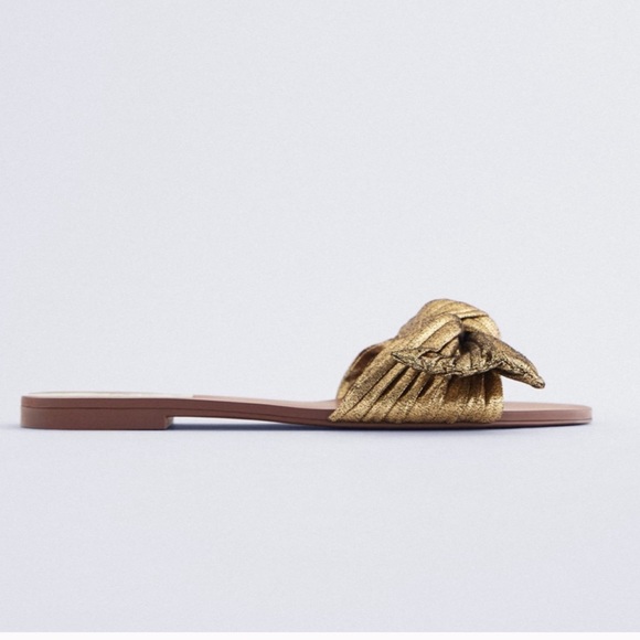 NWT ZARA Sandals With Metallic Bow Gold 10/41